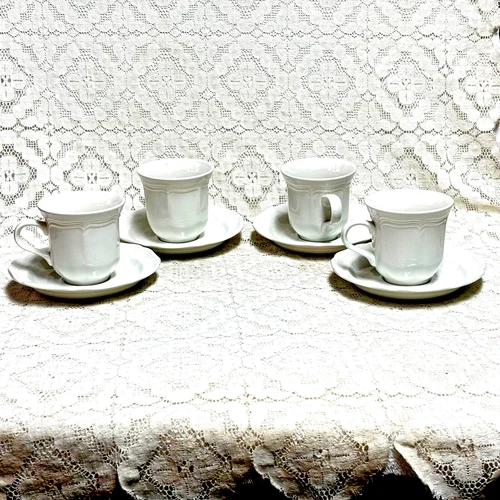 Mikasa French Countryside Cup and Saucer Sets White Scalloped Japan EXC+  4 Sets