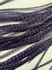  5 X-long 9-12  Skinny PURPLE Grizzly Striped Feather Hair Extensions W/ Beads