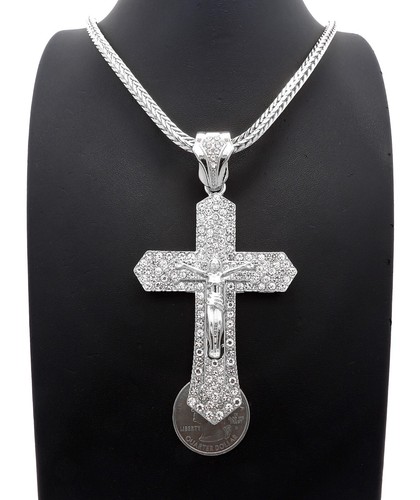 Gold Plated Cubic Zirconia Large Jesus Cross Charm Franco Cuban Chain Necklace - Picture 105 of 165