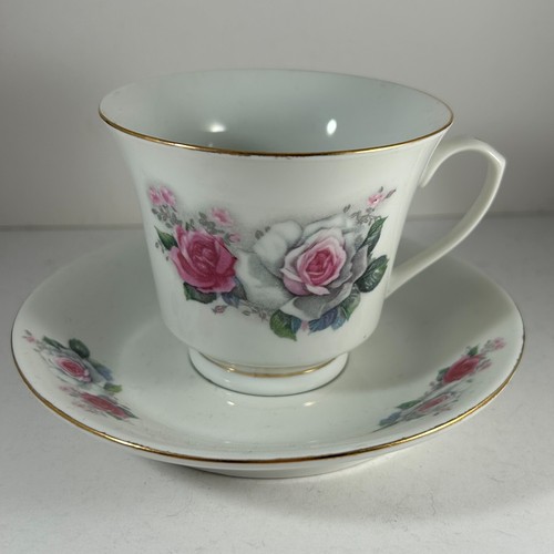 Taza y platillo de porcelana de hueso fino rosa blanco con estampado de rosa - Imagen 5 de 14