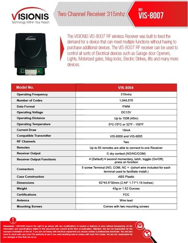 Visionis FPC-5370 4 Wireless Remote with Two Channel RF Receiver and Adapter - Picture 4 of 7