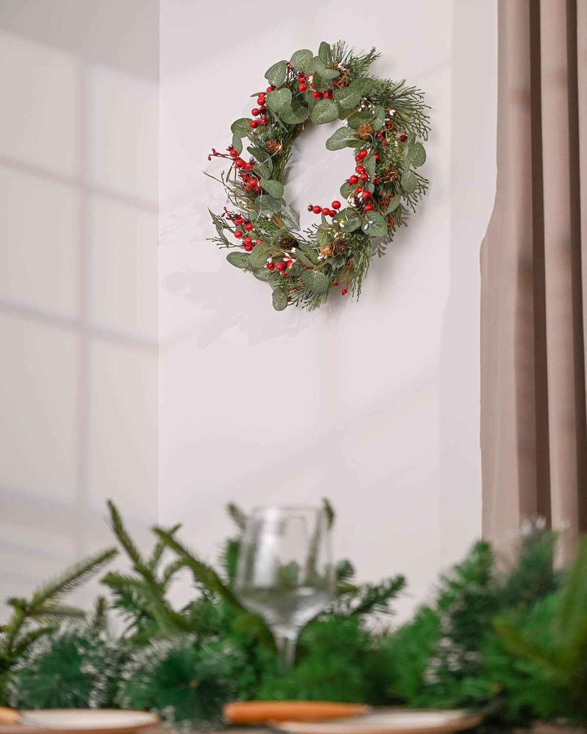 Eucalyptus Wreath for Front Door,20" Red Berries Christmas Wreath with Pine Cone