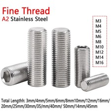 M3 M4 M5 M6-M16 Fine Thread Flat Point Grub Socket Screws Set A2 Stainless Steel
