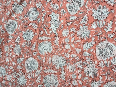 Indian Handmade Peach Floral Dressmaking, Sewing Running Fabric 2.5 Yards US