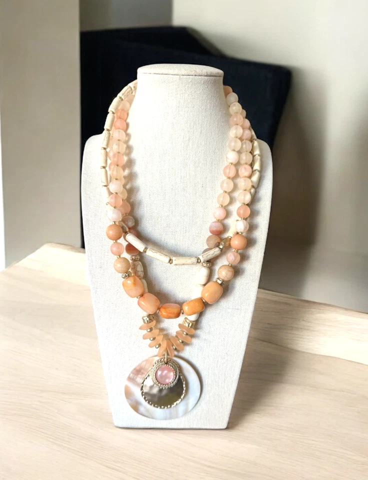 Collar CHICOS Oro y Plata Tonificado Cuentas Redondas Triple Hilo Concha Rosa 16+3" Foto 2 de 4