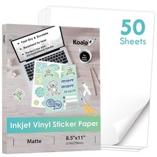 Koala Printable Vinyl Sticker Paper for Inkjet Printer - 50 Sheets White 