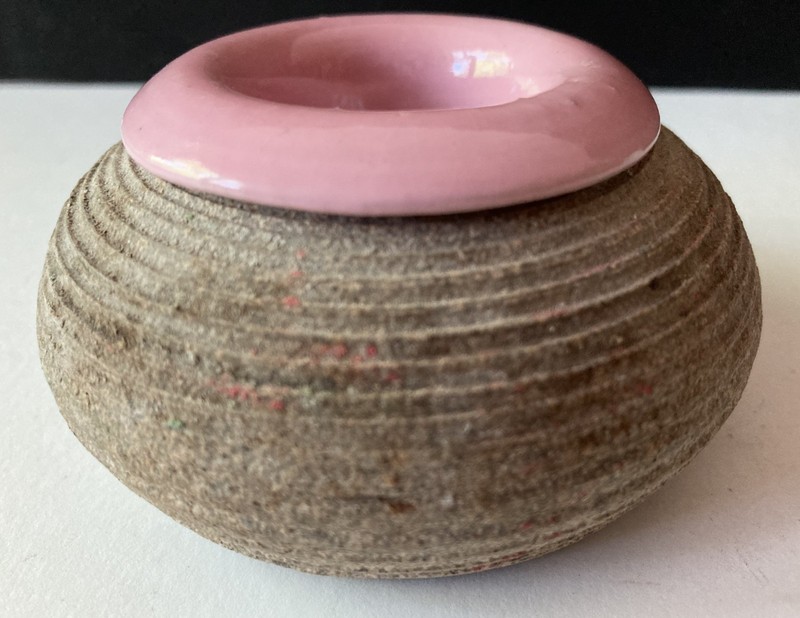 Vintage Ceramic Donut Shaped Match Striker Holder w/ Pink Glazed Rim Stoneware