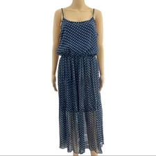 Bar III MEDIUM Navy Blue Polka Dot Sheer Chiffon Blouson Midi Tea Dress