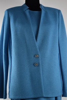 St. John Sz 12 Blue Dress Blazer Jacket Suit 2 Piece Set Rayon&Wool Knit Stretch