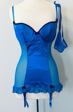 SEDUCTION FREDERICKS of HOLLYWOOD BLUE BABYDOLL BUSTIER W/4 GARTERS  THONG SZ L