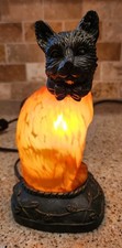 Glass Cat Table Lamp Night Light Amber Orange 7  Tall Tin Chi Style Halloween