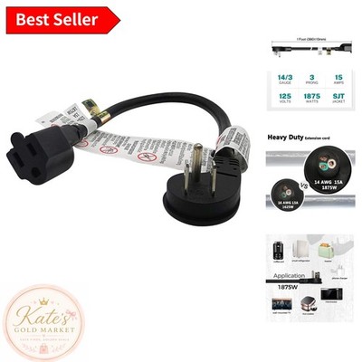 Durable 1ft Black Flat Plug Extension Cord with 15A, 14 AWG for Small Spaces