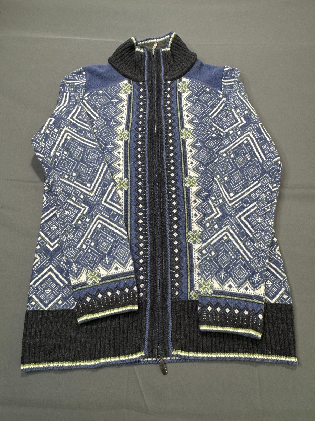 Eddie Bauer Sweater Jacket Fair Isle Nordic Zip Up Mock Neck Blue Womens PM