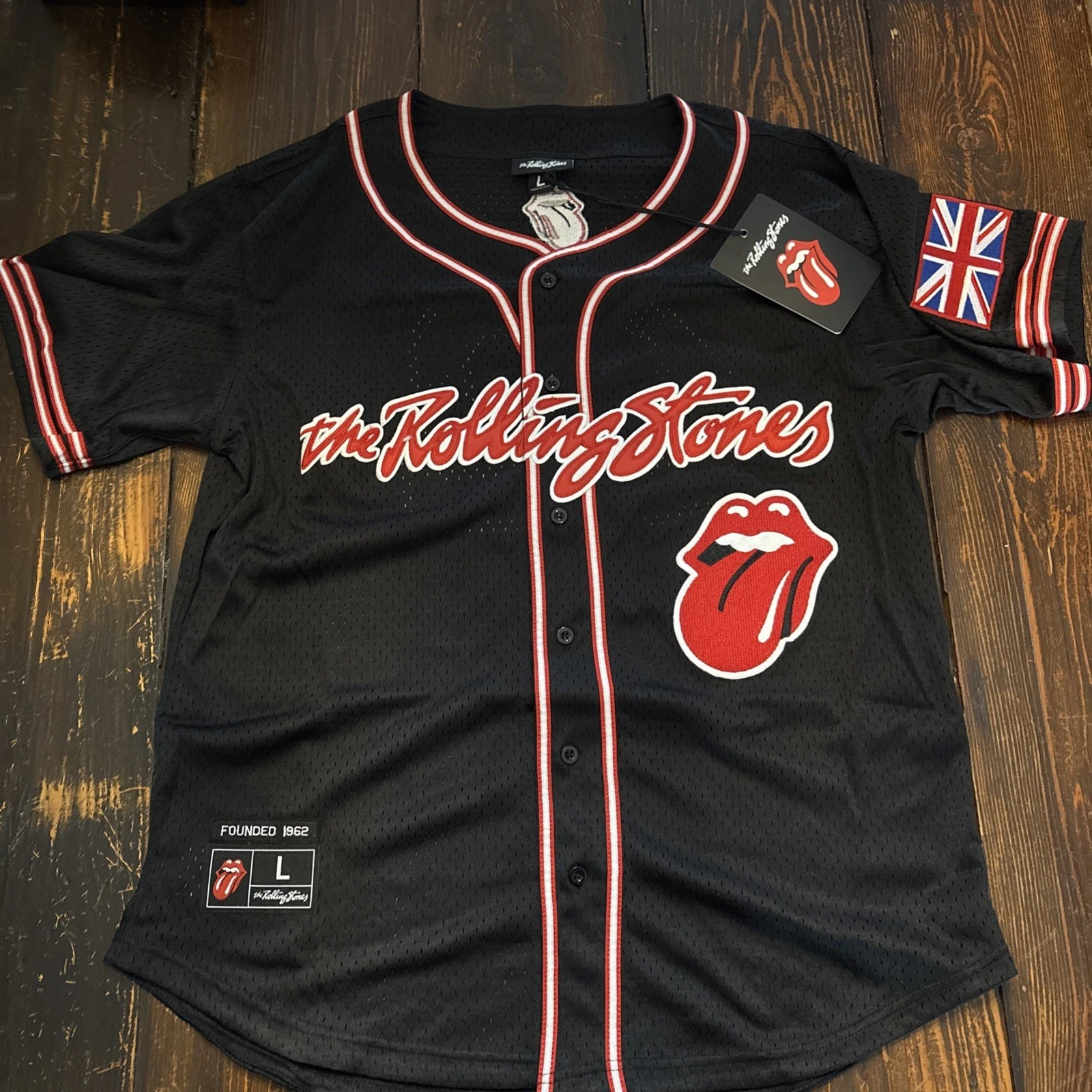 Rolling Stones Founded 1962 Baseball Jersey Men’s L Flag Brittish Flag