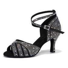 Women Rhinestone Latin Dance Shoes Ankle Strap Salsa Prom Heels Black 5US