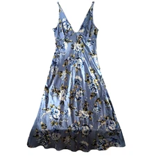 JNY Satin Slip Dress Womens Sz Medium Blue Floral Coquette Fairy Y2K V-Neck Gown