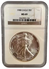 1988 American Silver Eagle $1 Dollar Coin One Troy Ounce 0.999 Fine NGC MS69