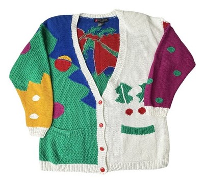 I.B Diffusion Sport Womens Christmas Ugly Cardigan Sweater Sz L Block Print 90s