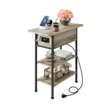  End Table with Charging Station, Flip Top Side Table with Storage Greige