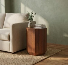 Octavian Geometric End Table - Solid Mango Wood with Walnut Finish | Unique R...