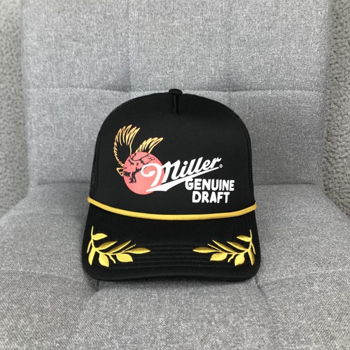 Miller Genuine Draft Black Rope Trucker Hat Mesh Snapback Cap Adult Beer Logo