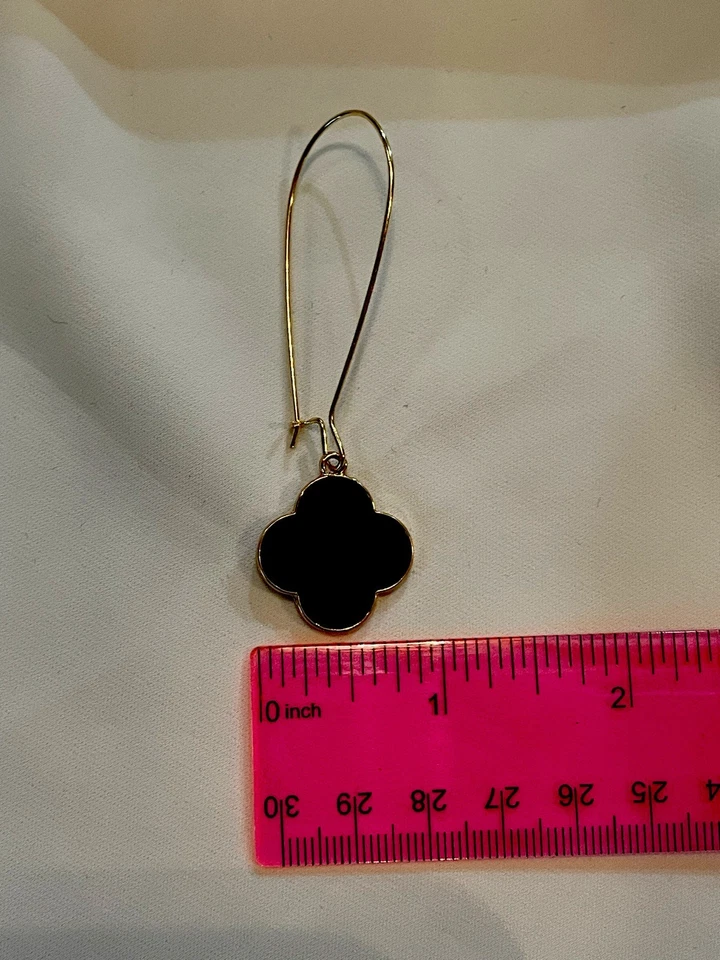 Gold Tone Dangle Earrings Black Quatrefoil Ornament Elegant Dressy or Casual - Image 3 of 4