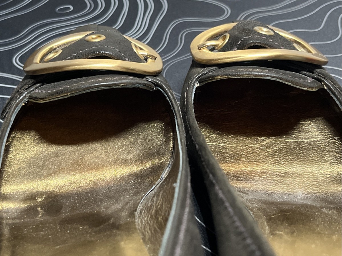 Vintage Prada Brown Gold Leather Gold Buckle Gold Heel Pumps Euro