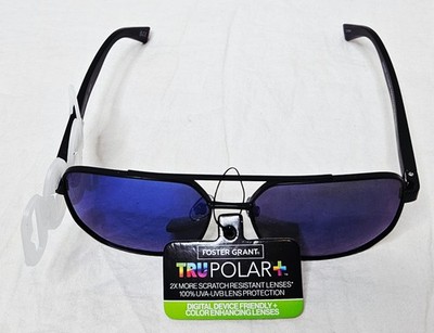 Foster Grant Polarized Sunglasses Black Rectangular Blue Mirror Lens UV400