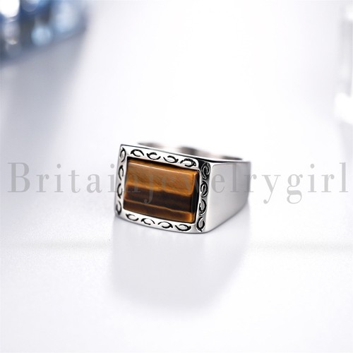 Stainless Steel Vintage Tiger Eye Stone Stamper Signet Ring for Men Size 7-12 - 第 3/7 張圖片