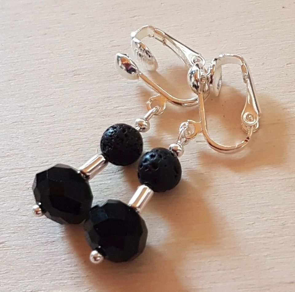 OHRCLIPS CLIPS  VERSILBERT SCHWARZE KRISTALL PERLEN LAVA - Bild 2 von 2