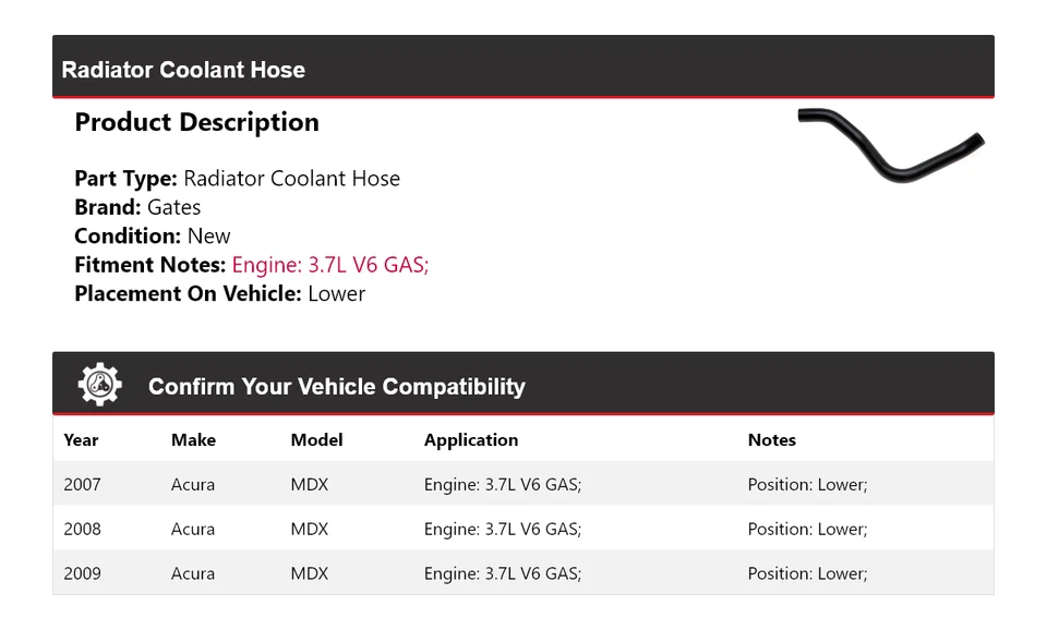 Manguera de refrigerante de radiador de gas V6 3,7 L Acura MDX 2007-2009 2008 puertas inferiores Foto 2 de 4