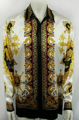 mexican silk dress shirts Creme De Silk Shirt Large VTG 90s Mexican Eagle Flag Gold Long Sleeve Button Dwn