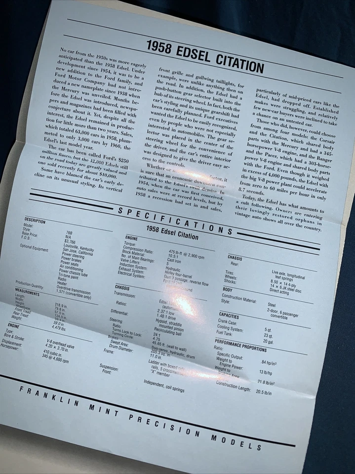 Franklin mint classic cars of the 50s 1958 Edsel citation specs came w/car - Image 3 of 4