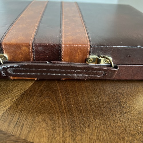 Vintage Backgammon Set in Brown Faux Leather Case Complete 15x9.5” - Picture 8 of 8