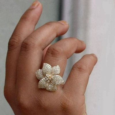 3Ct Round Cut Real Moissanite Cluster Flower Wedding Ring 14K Yellow Gold Plated