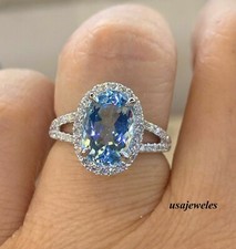 Oval Cut 2.54CT Genuine Aquamarine Split Shank Halo Jewelry Ring 14K Gold Finish