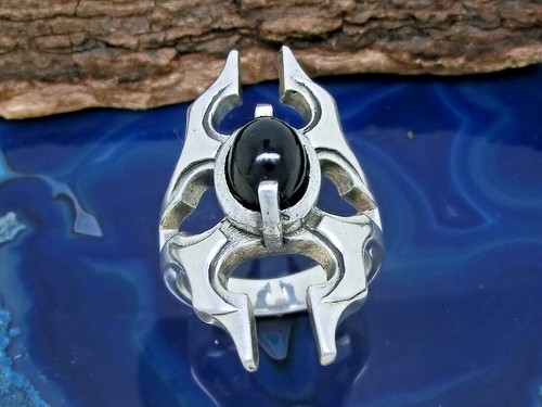 Pietra Anello Nero 925 Anello IN Argento Tgl 62 Onice Fantasy Gotico Uomo Donna - Foto 2 di 5