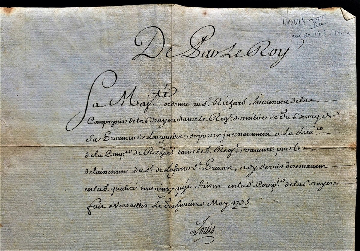 KING LOUIS XV SIGNED NOMINATION TO LIEUTENANCY IN LANGUEDOC
