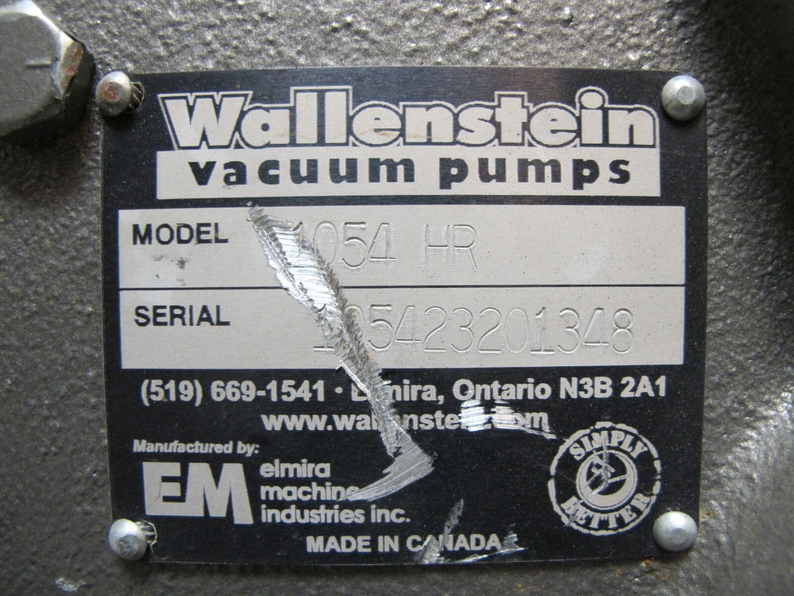 For Parts Wallenstein Vacuum Pump 1054 HR Elmira Machine 1054LR