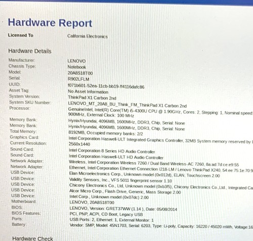 Lenovo Thinkpad X1 Carbon 2nd Gen 14" Touch QHD Intel i5-4300U 1.9GHz 8GB No HDD - Picture 7 of 8