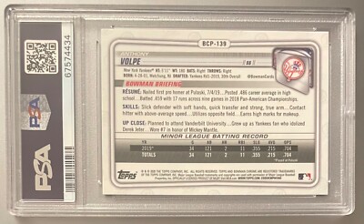 2020 Bowman Chrome Sapphire Anthony Volpe 1st Prospect #BCP139 PSA
