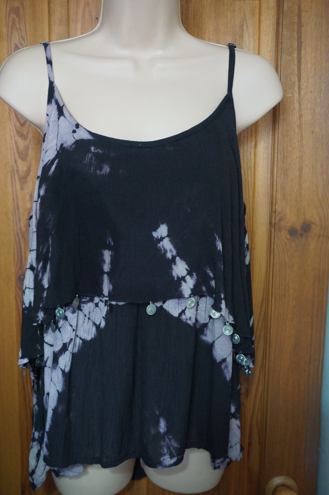 Black, pale pink, purple tie dye coin trim layered gypsy ethnic camisole top L image 8