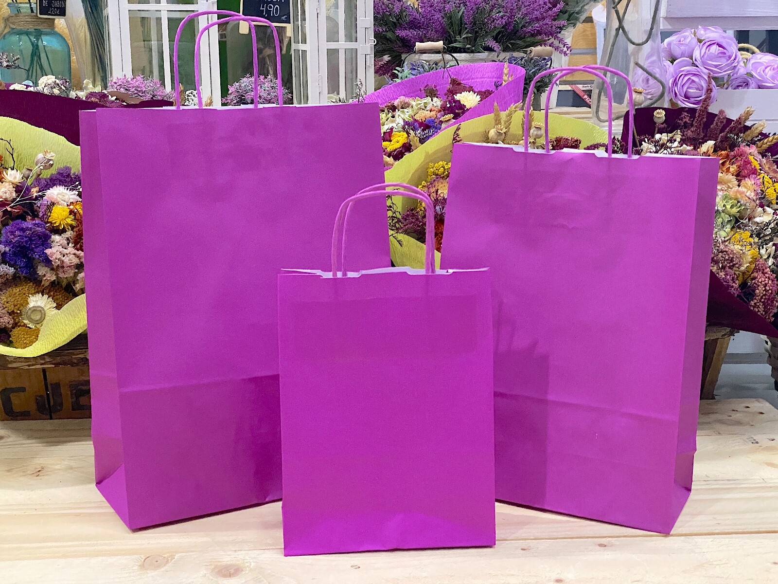 Bolsas de papel kraft Fucsia para regalos tiendas 50 unidades 5 medidas