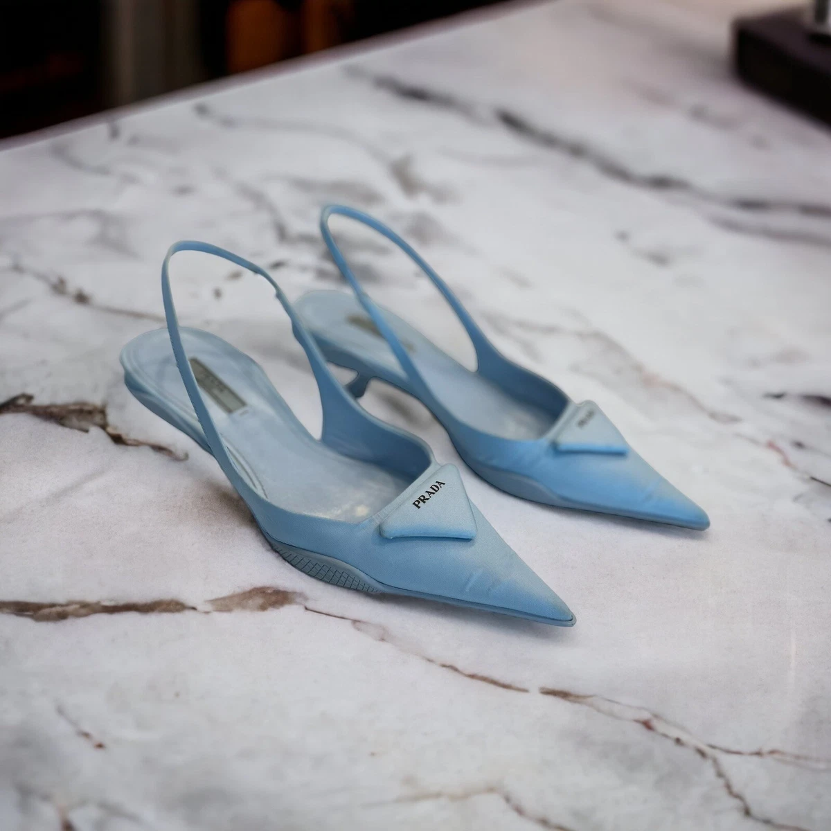 Prada Triangle Logo Cielo Blue Pointed Toe Slingback Pump Kitten Low Heel  37