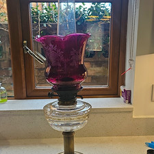 Vintage/Retro Purple & Clear Glass Oil Lamp, Floral Flared Shade, Knob
