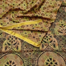 Vintage Sari Beige Pure Silk Printed Saree 5yard Sewing Abstract Craft Fabric