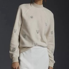 T.LA Anthropologie Women  s Embroidered Dog MockNeck Pullover Fleece Sweatshirt M