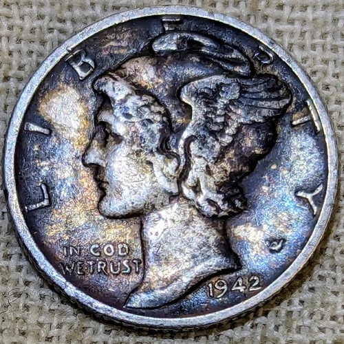 1942 S Mercury Dime VF/XF : Colorful Tone, San Francisco Mint - .9 Fine Silver