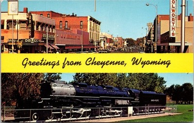 Greetings from Cheyenne Wyoming WY Big Boy RR Train Downtown Woolworth Postcard