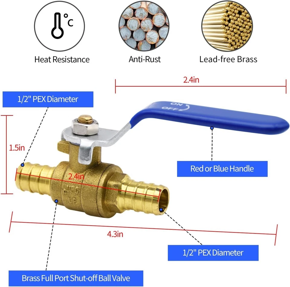 10pcs PEX Brass Ball Valves, 1/2" PEX Full Port Shut Off, Quarter Turn - image 3 of 4